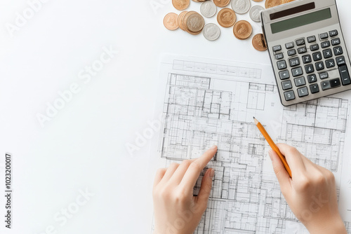 Architect is pointing at a blueprint while calculating construction costs