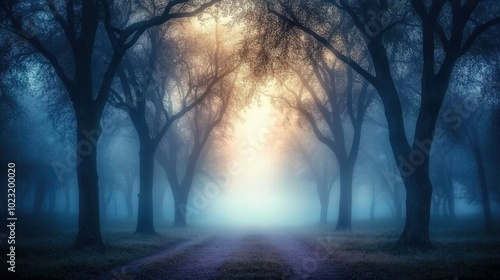 A misty forest with fog hanging low among the trees, creating a mysterious and tranquil atmosphere.