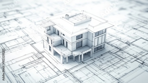 3D model of a building with blueprints on a white background, showcasing digital construction and BIM concept