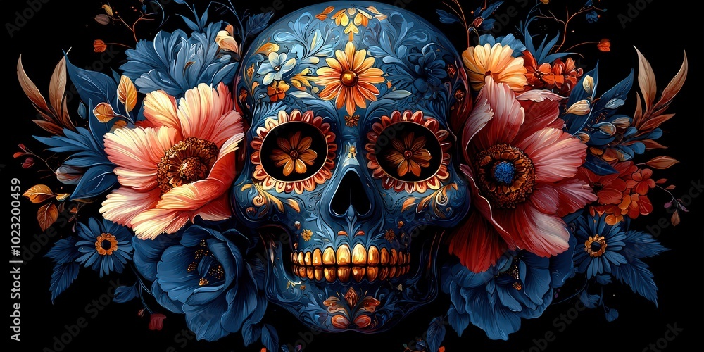 Surrealistic illustration of a Mexican sugar skull with colorful floral ornaments, centered on a black background Surrealistic illustration of a Mexican sugar skull with colorful floral ornaments, centered on a black background