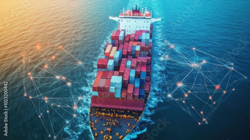 Container ship at sea with digital network links, digital trade network connection concept, global shipping industry photo