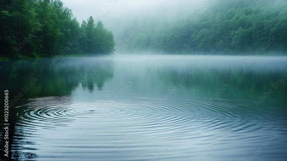 A misty rain falling on a tranquil lake, creating gentle ripples and soft reflections of trees in the water. A misty rain falling on a tranquil lake, creating gentle ripples and soft reflections of trees in the water.