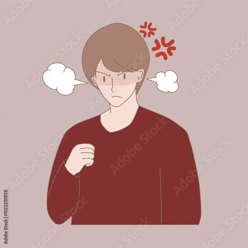 Angry man with furious face expression, smoke blowing from ears, angry marks behind.  Hand drawn flat cartoon character vector illustration.