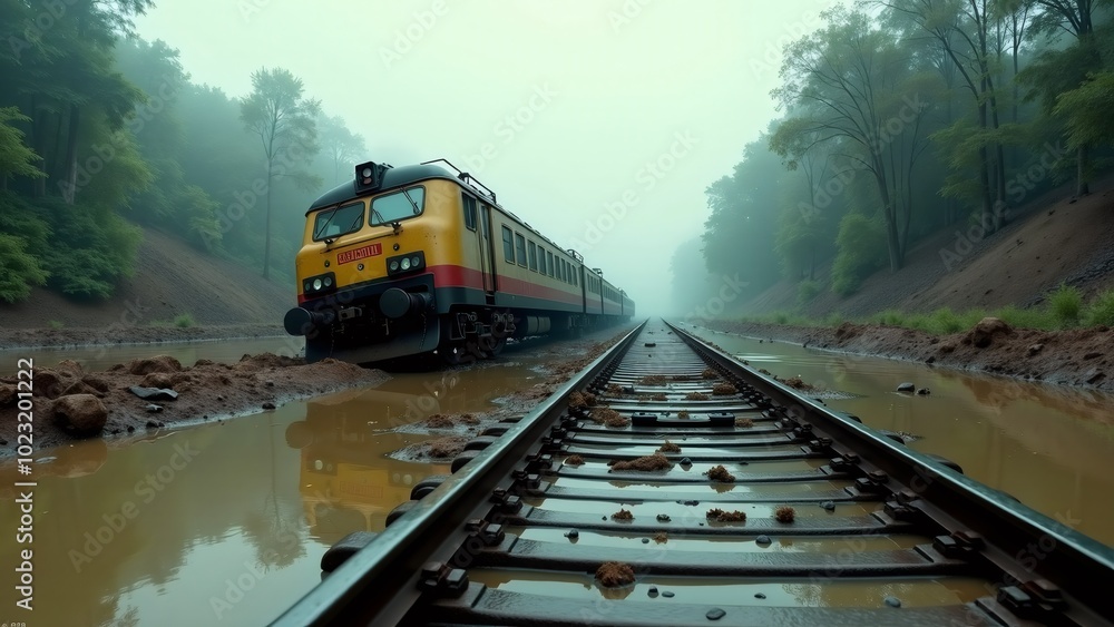 Flooded Train Tracks with Stranded Yellow Train Flooded Train Tracks with Stranded Yellow Train