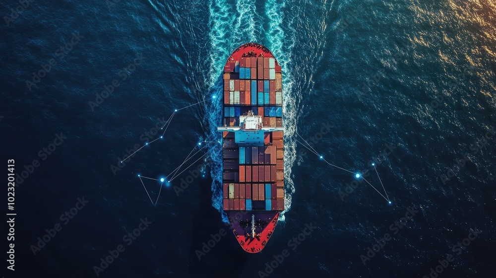 Container ship at sea with digital network links, digital trade network connection concept, global shipping industry Container ship at sea with digital network links, digital trade network connection concept, global shipping industry