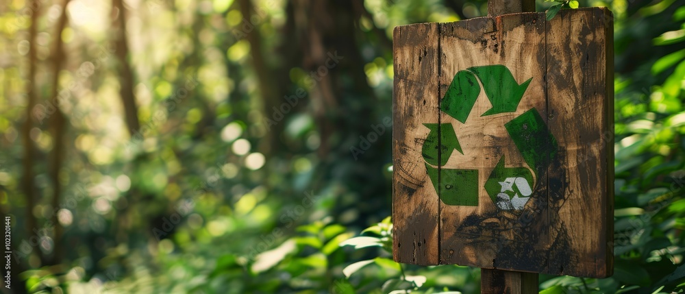 A weathered wooden sign with a bold recycle symbol is nestled in a vibrant forest, emphasizing the harmony between sustainability and nature. A weathered wooden sign with a bold recycle symbol is nestled in a vibrant forest, emphasizing the harmony between sustainability and nature.