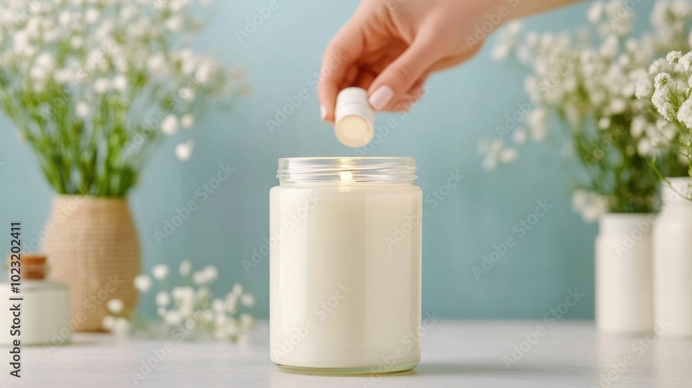 Homemade aroma candle being stirred with hands combining the warm glow of light and the soothing properties of essential oils for a creative wellness therapy experience Concept of self care Homemade aroma candle being stirred with hands combining the warm glow of light and the soothing properties of essential oils for a creative wellness therapy experience Concept of self care
