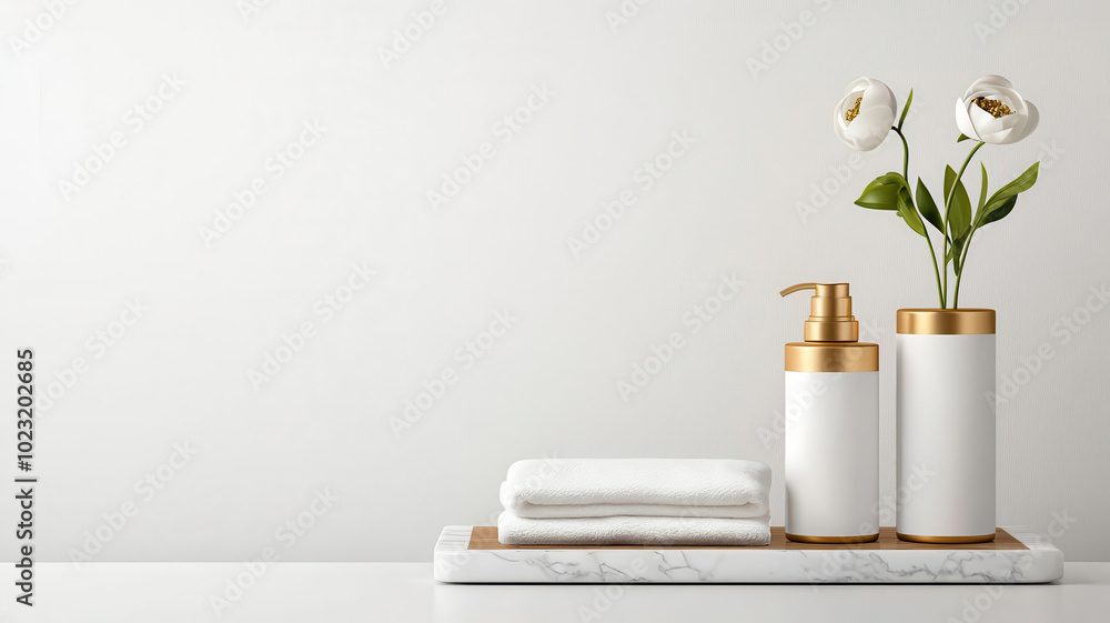 Beauty product collection displayed on marble trays with gold accents, emphasizing luxury and sophistication, 3D illustration Beauty product collection displayed on marble trays with gold accents, emphasizing luxury and sophistication, 3D illustration