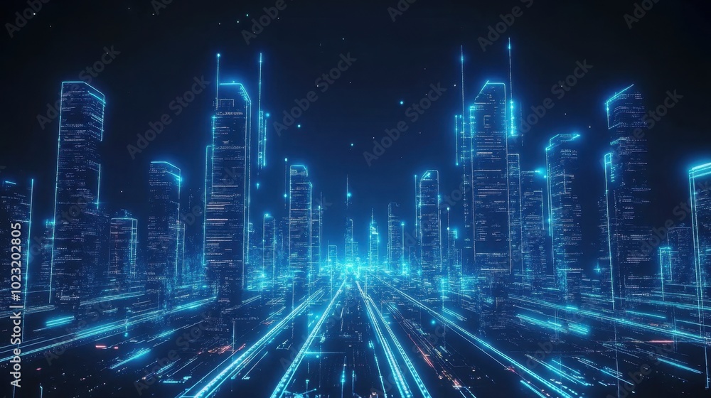 A smart city in the future, glowing blue neon lights highlight the connectivity and big data systems, metaverse concept A smart city in the future, glowing blue neon lights highlight the connectivity and big data systems, metaverse concept