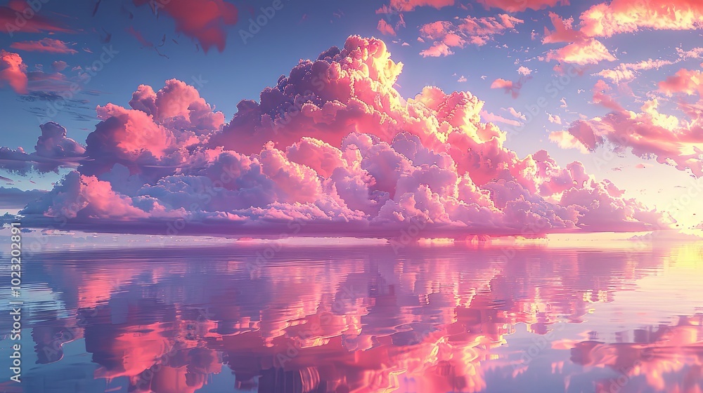 Floating island adventure magical sky travel with pink cloud reflection in water landscape beauty view Floating island adventure magical sky travel with pink cloud reflection in water landscape beauty view
