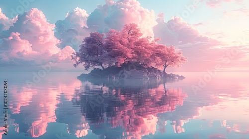 Floating island adventure magical sky travel with pink cloud reflection in water landscape beauty view photo