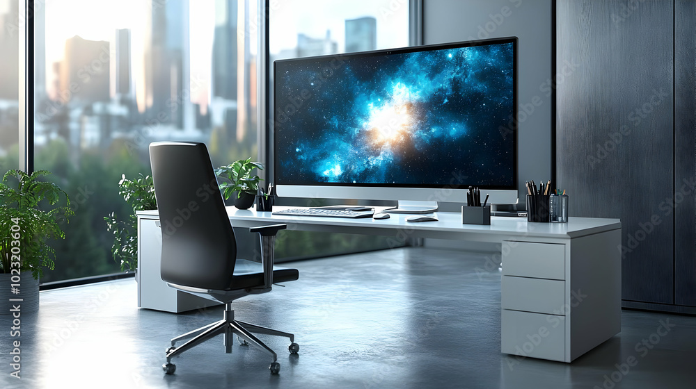 3D Icon Glossy Home Office Setup Featuring Desk Chair and Computer Against Digital Art Background on Isolated White 3D Icon Glossy Home Office Setup Featuring Desk Chair and Computer Against Digital Art Background on Isolated White