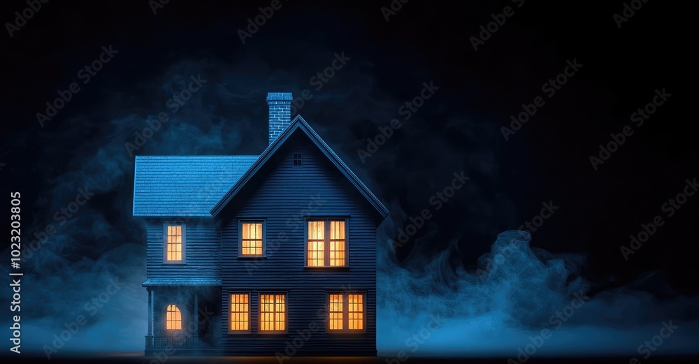 A mysterious house illuminated by warm lights amidst creeping fog, evoking an eerie yet captivating atmosphere. A mysterious house illuminated by warm lights amidst creeping fog, evoking an eerie yet captivating atmosphere.