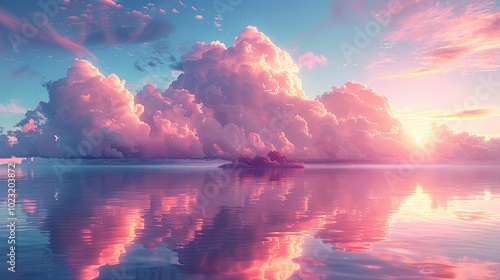 Floating island adventure magical sky travel with pink cloud reflection in water landscape beauty view