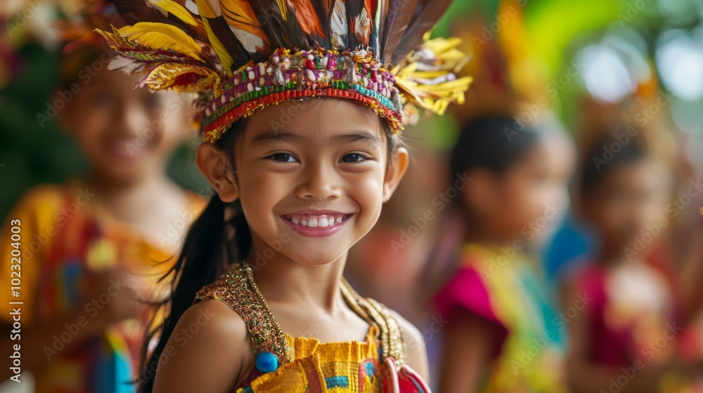 Fototapeta premium Portrait of a Smiling Young Girl Wearing a Colorful Feather Headband