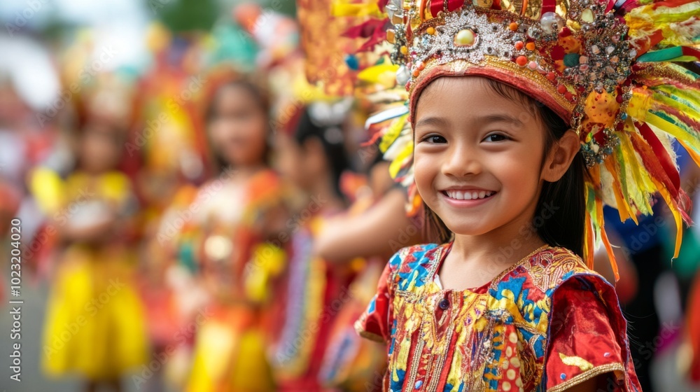 Young Girl in Colorful Costume with Beaded Headpiece Young Girl in Colorful Costume with Beaded Headpiece