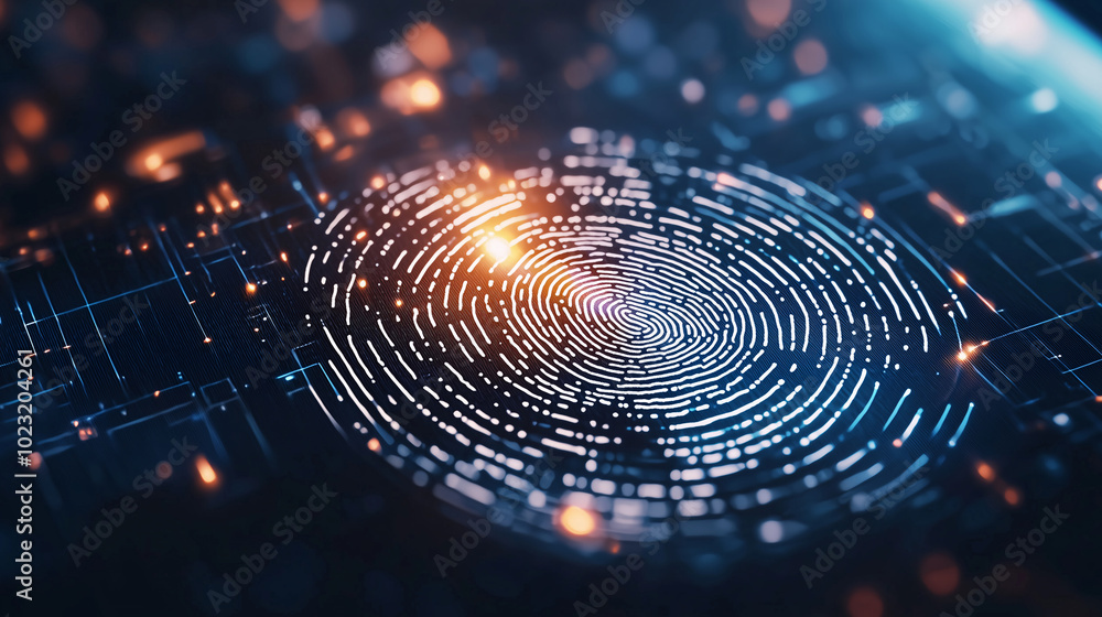 Close-up of a fingerprint surrounded by network lines, illuminated by lights, symbolizing cybersecurity, artificial intelligence, and the integration of secure technologies in corporate settings Close-up of a fingerprint surrounded by network lines, illuminated by lights, symbolizing cybersecurity, artificial intelligence, and the integration of secure technologies in corporate settings