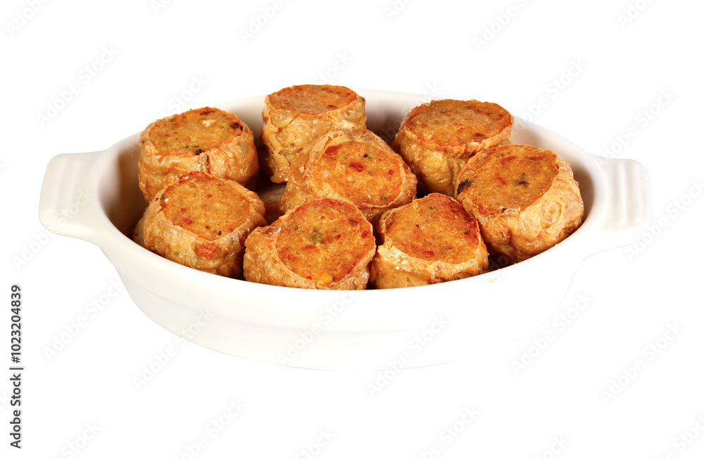 Grilled Fresh Chilli Chicken Roll. on a plate white background Grilled Fresh Chilli Chicken Roll. on a plate white background