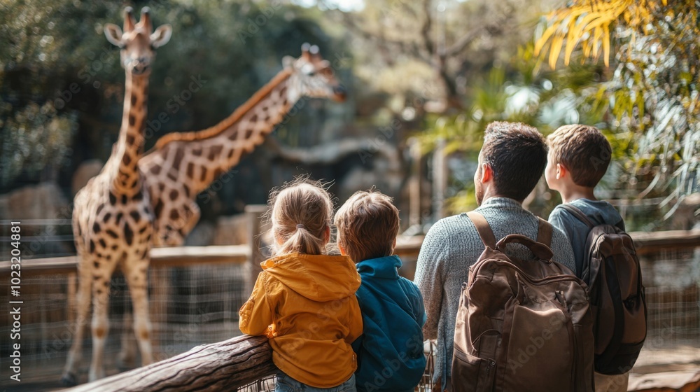 Fototapeta premium Family Observing Giraffes in a Zoo Enclosure