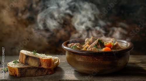 Hearty irish stew with tender chunks and artisan bread for a cozy meal photo