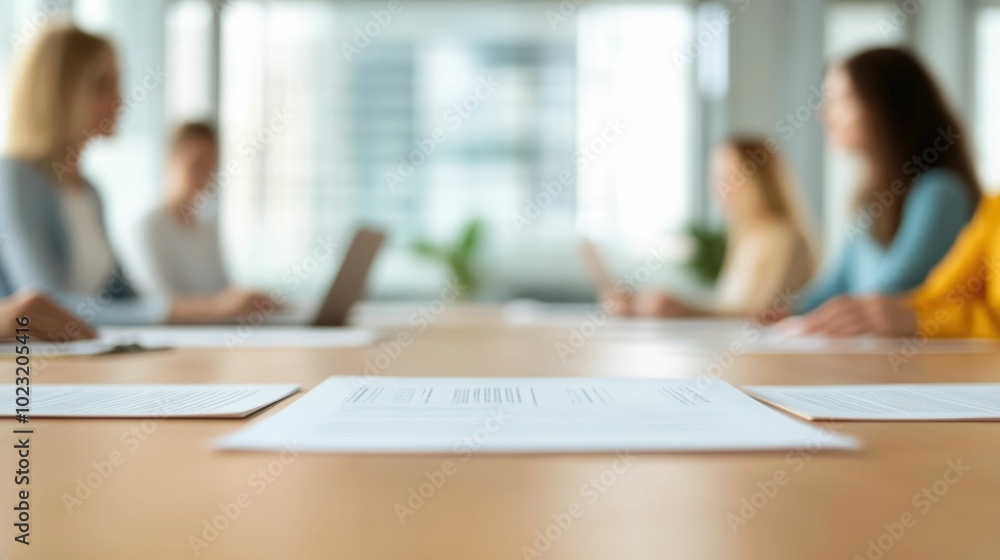 Group of business professionals gathered around a table reviewing and discussing their company s environmental social Group of business professionals gathered around a table reviewing and discussing their company s environmental social