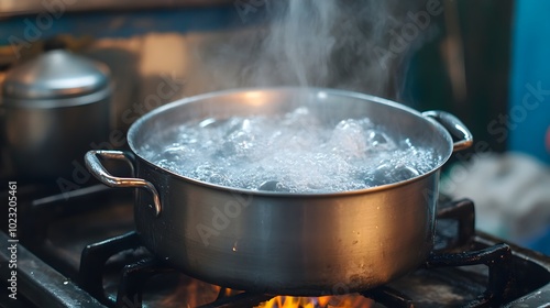 Steaming pot of boiling liquid on stove with vapor rising