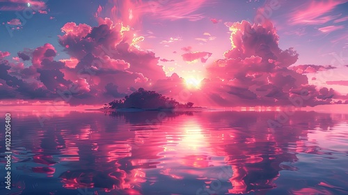 Floating island adventure magical sky travel with pink cloud reflection in water landscape beauty view photo