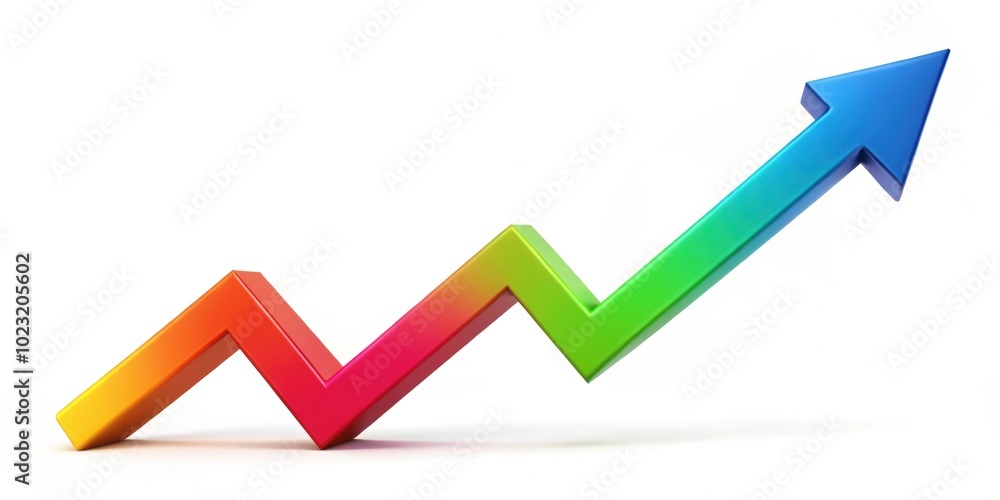 Isolated colorful upward trend arrow on white background, financial, growth, success, market, investment, profit, business Isolated colorful upward trend arrow on white background, financial, growth, success, market, investment, profit, business