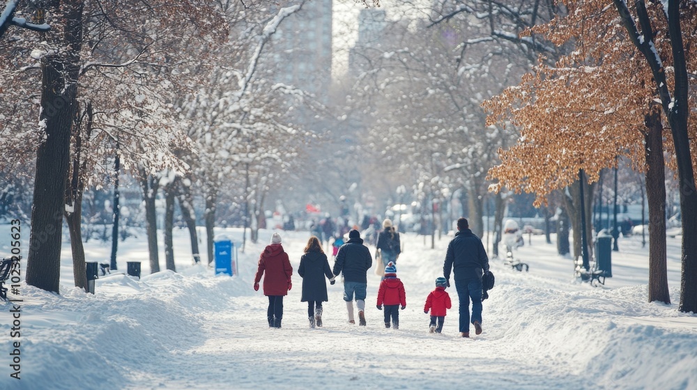 Family Walking on a Snowy Path in a Park Family Walking on a Snowy Path in a Park