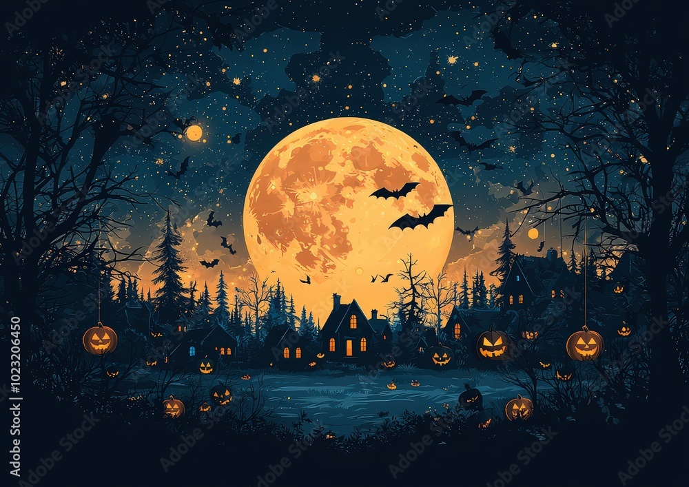 Halloween background with blank space for text, featuring an orange and black color scheme and spooky elements such as pumpkins, witches' hats hanging from trees Halloween background with blank space for text, featuring an orange and black color scheme and spooky elements such as pumpkins, witches' hats hanging from trees