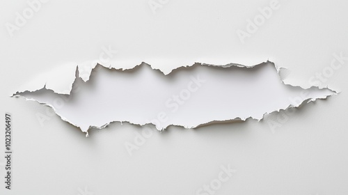 Horizontal Tear Through White Paper with Jagged Irregular Edges Revealing Clean White Space Against Light Gray Background