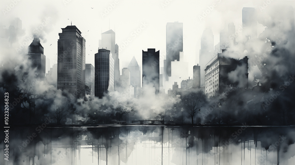 A serene cityscape featuring misty skyline with towering buildings reflected in calm water body. atmosphere evokes sense of tranquility and mystery amidst urban life. A serene cityscape featuring misty skyline with towering buildings reflected in calm water body. atmosphere evokes sense of tranquility and mystery amidst urban life.