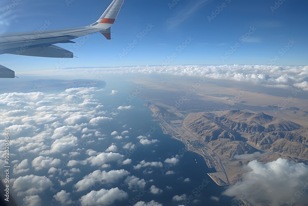 Fototapeta premium Aerial View of Coastal Landscape with Clouds and Mountains