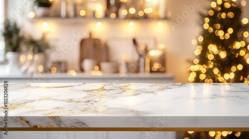 Blank white table with gold marble shelf, blurred kitchen lights and bokeh effects in the background Ideal for product or food display mockups