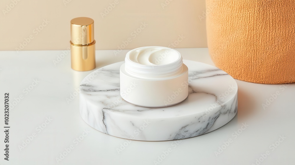 Naklejka premium Closeup of a skincare product with marble and gold elements, exuding luxury with a marble texture base and elegant gold finishes, 3D illustration
