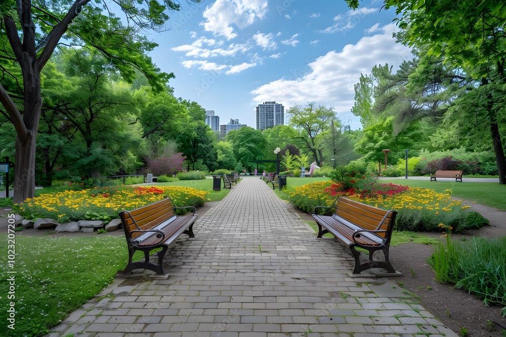 Serene Park Pathway Surrounded by Lush Greenery and Colorful Flowers Serene Park Pathway Surrounded by Lush Greenery and Colorful Flowers