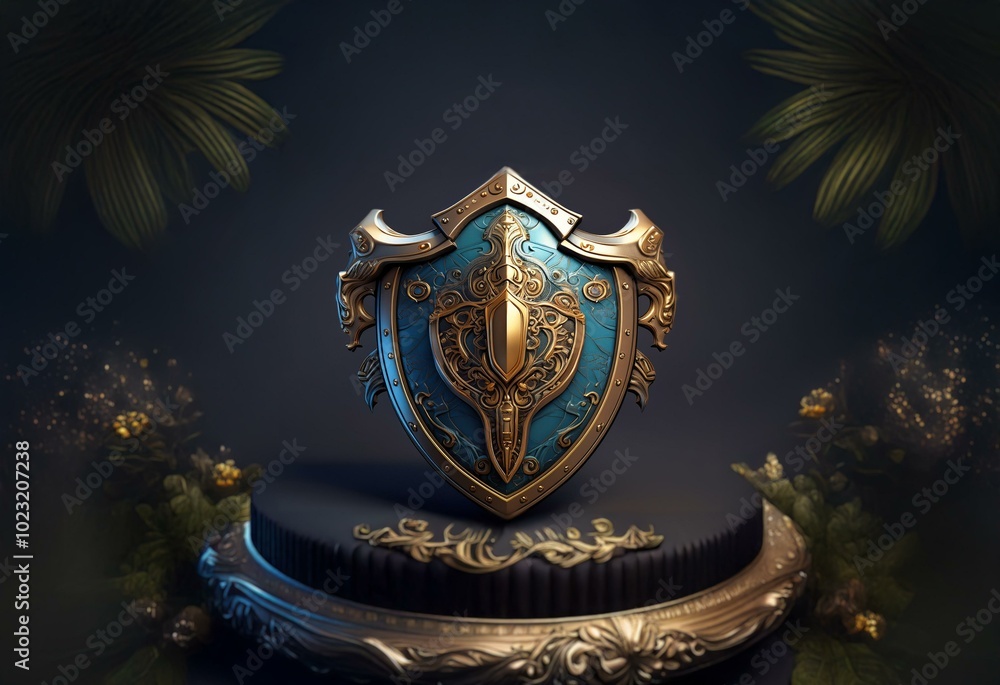 Fototapeta premium Ornate golden shield with blue center and intricate design, resting on a black pedestal with gold accents.