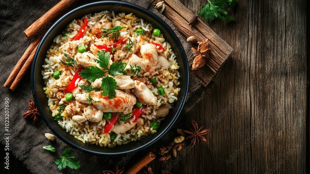 Delicious Chicken Biryani on Rustic Wooden Table Delicious Chicken Biryani on Rustic Wooden Table