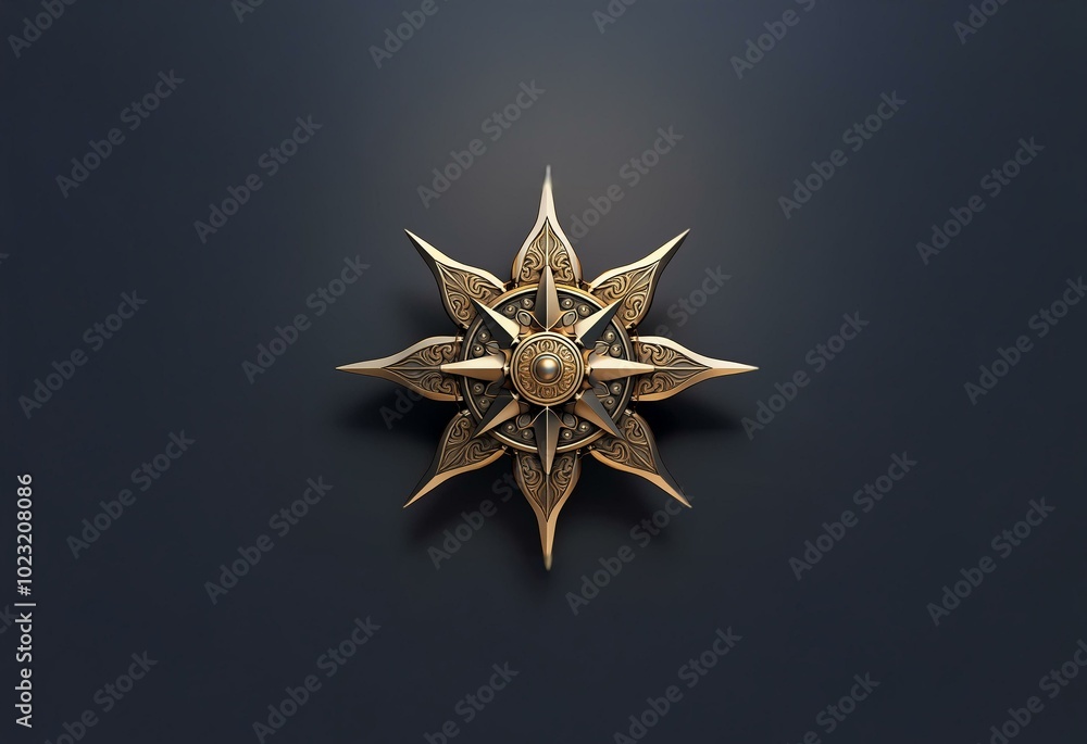 A golden star-shaped design with intricate details against a dark background. A golden star-shaped design with intricate details against a dark background.