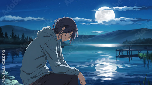 Lonely anime character in blue hoodie contemplates by a lake under a full moon. 
