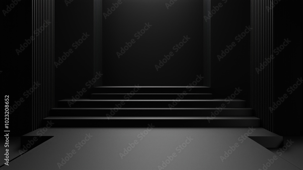 Minimalist Modern Design with Central Black Platform and Symmetrical Staircases in Monochromatic Black Color Scheme Minimalist Modern Design with Central Black Platform and Symmetrical Staircases in Monochromatic Black Color Scheme