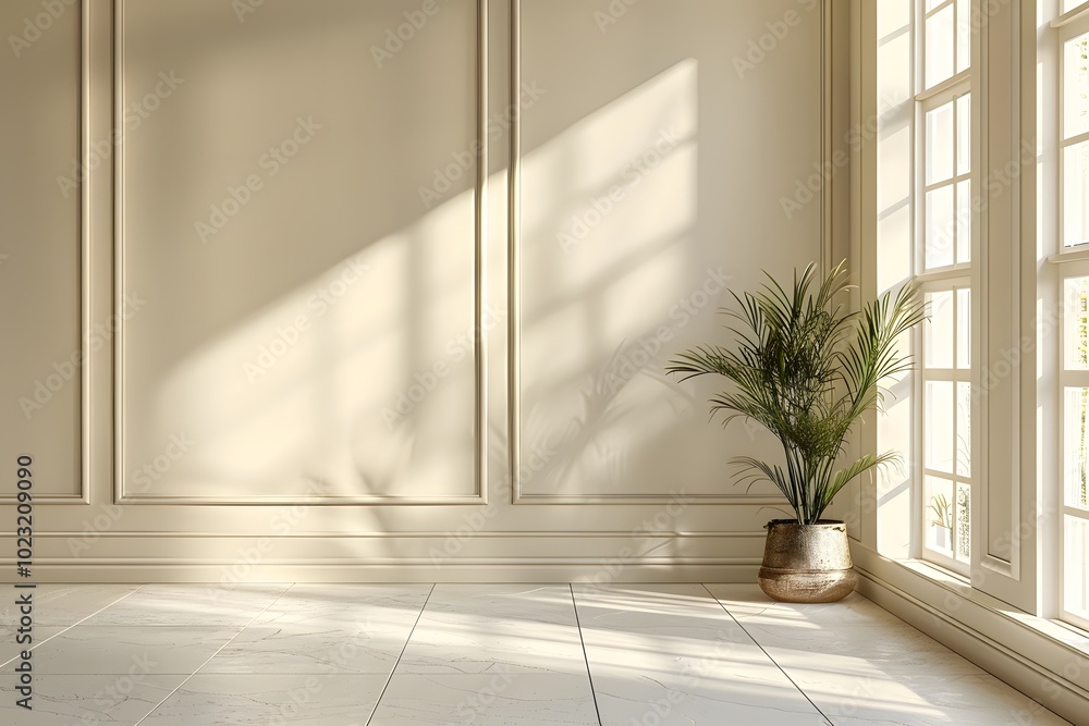 Serene Sunlit Room with Elegant Plant and Soft Shadows Serene Sunlit Room with Elegant Plant and Soft Shadows