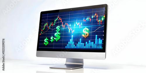 Glossy Desktop Monitor Displaying Holographic Financial Dashboards and Currency Symbols - Professional Clean Scene with Ample Copy Space for Corporate Finance Presentations