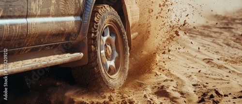 A close-up captures a vehicle's tire kicking up dust, embodying the thrill of off-road adventures in a desert landscape. photo