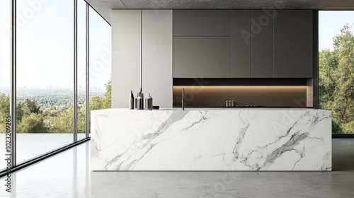 Clean, glossy quartz and marble countertops in a modern kitchen, blending minimalist design with luxurious textures
