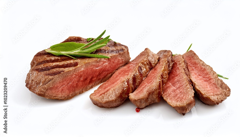perfectly grilled beef steak with char marks on white background perfectly grilled beef steak with char marks on white background