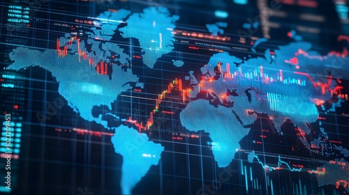 World map with major financial hubs connected by stock market graphs