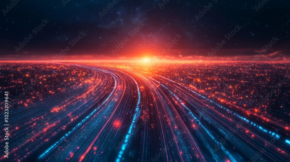 A futuristic landscape features flowing lines of blue and red lights converging towards a bright horizon, evoking a sense of speed and motion. A futuristic landscape features flowing lines of blue and red lights converging towards a bright horizon, evoking a sense of speed and motion.
