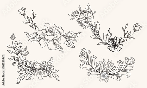 Various flowers & foliage in bouquet, intricate details and delicate forms. Floral frame & Wedding wildflowers for invitation save the date card Etc.