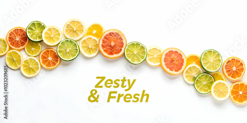 Refreshing Wave of Flat Abstract Citrus Slices with Zesty & Fresh Text - Vibrant Vector Illustration for Beverage Promotions